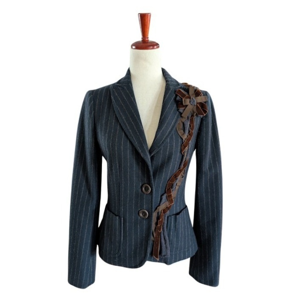 Moschino Cheap and Chic Navy Pinstripe Wool Blazer Floral Velvet Ribbon Size 8